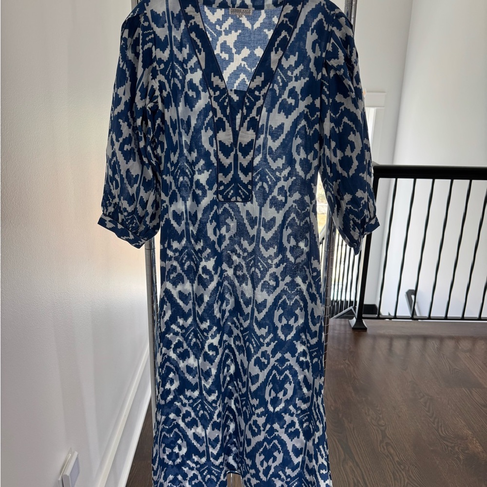 Blue and White V-Neck Maxi Dress